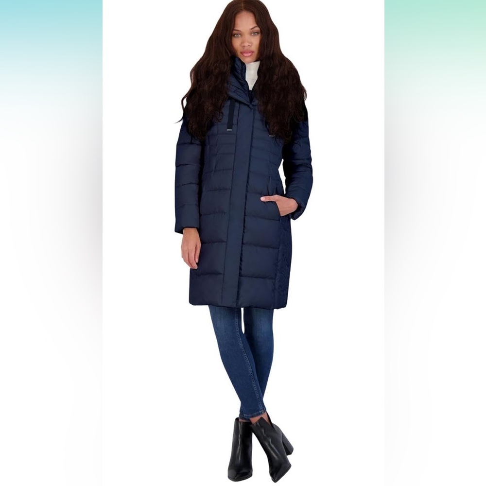 Tahari Casey Fitted Puffer Coat, navy, petite small, NWT